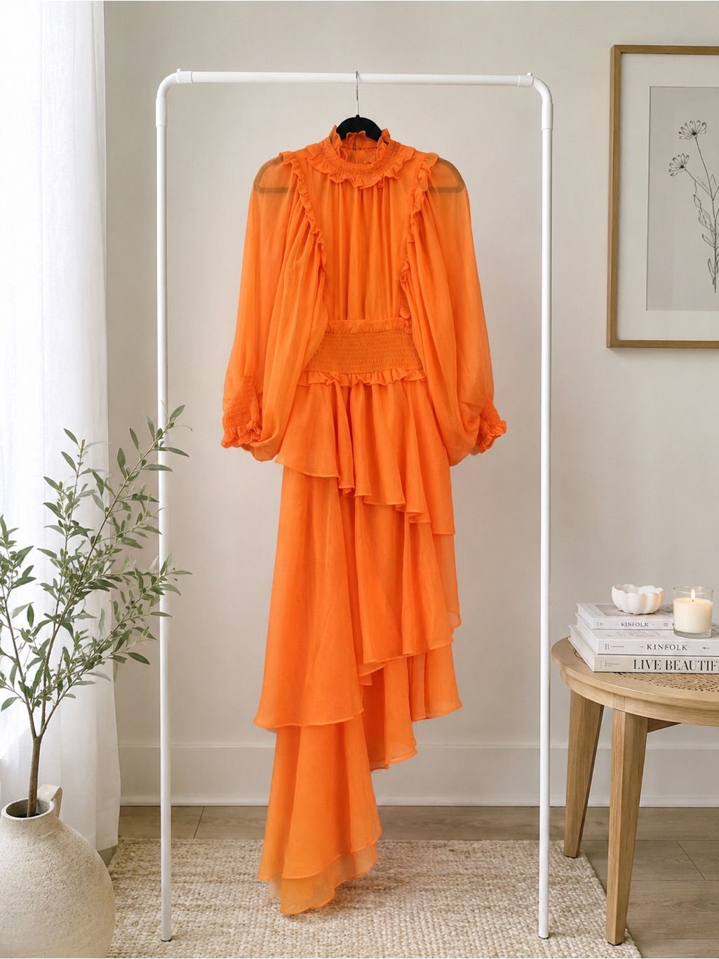 Elliat Astrid Ruffled High-Neck Orange Asymmetric Dress